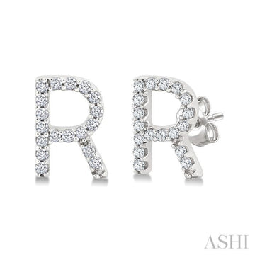 1/10 Ctw Initial 'R' Single Cut Diamond Earrings in 10K White Gold